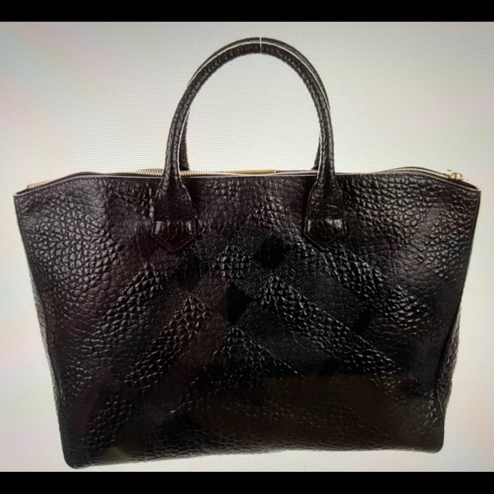 Check-embossed 2way Tote Black Leather Satchel - Picture 3 of 15